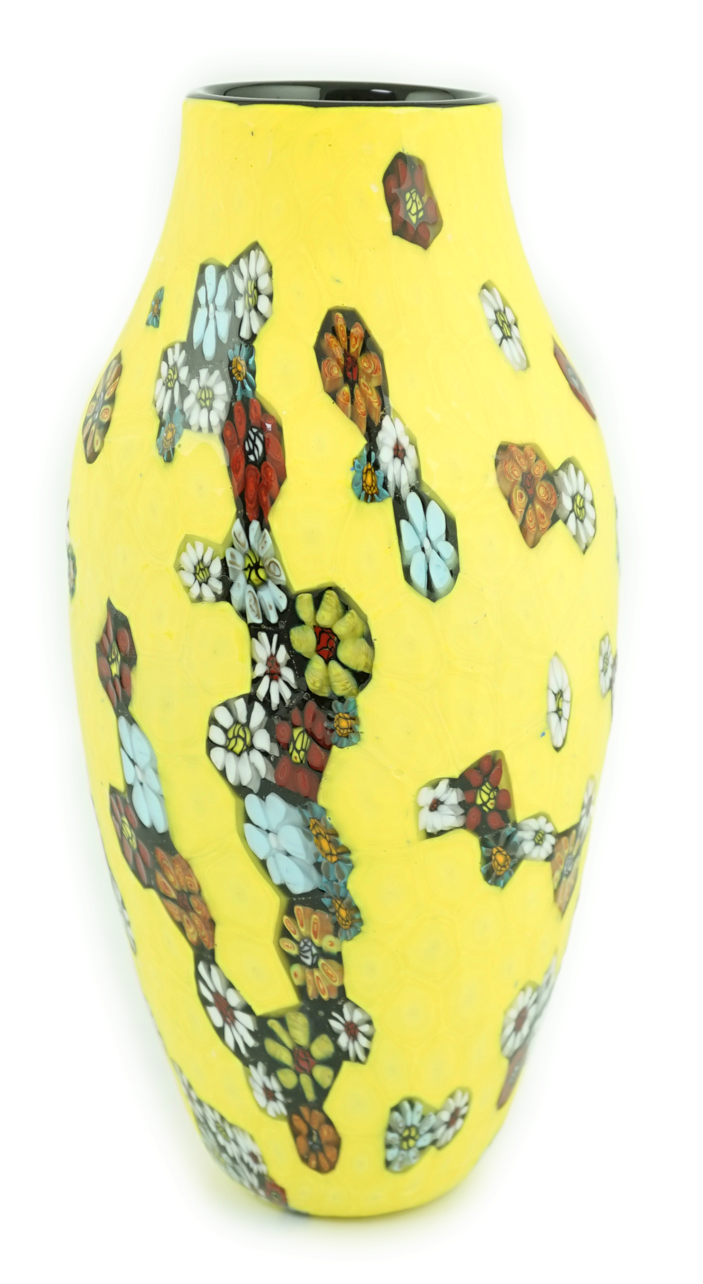 Vittorio Ferro (1932-2012) A Murano glass Murrine vase, the yellow battuto ground, decorated with scattered flower heads, unsigned, 28cm, Please note this lot attracts an additional import tax of 20% on the hammer price